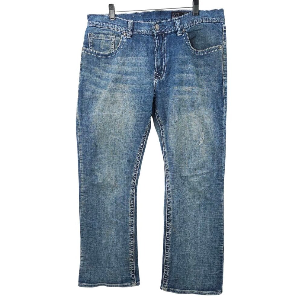 T K Axel Vintage Boot Cut Jeans Mens 36 x 30 Distressed Denim Flap Pockets